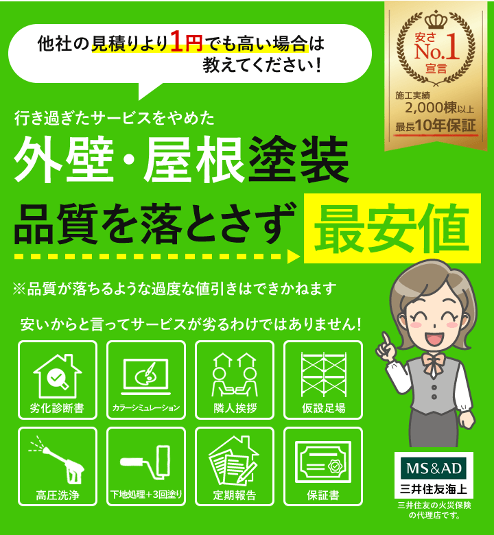 行き過ぎたサービスをやめ、シンプルで価格重視の外壁・屋根塗装。格安料金でも00年の保証がつく安心！